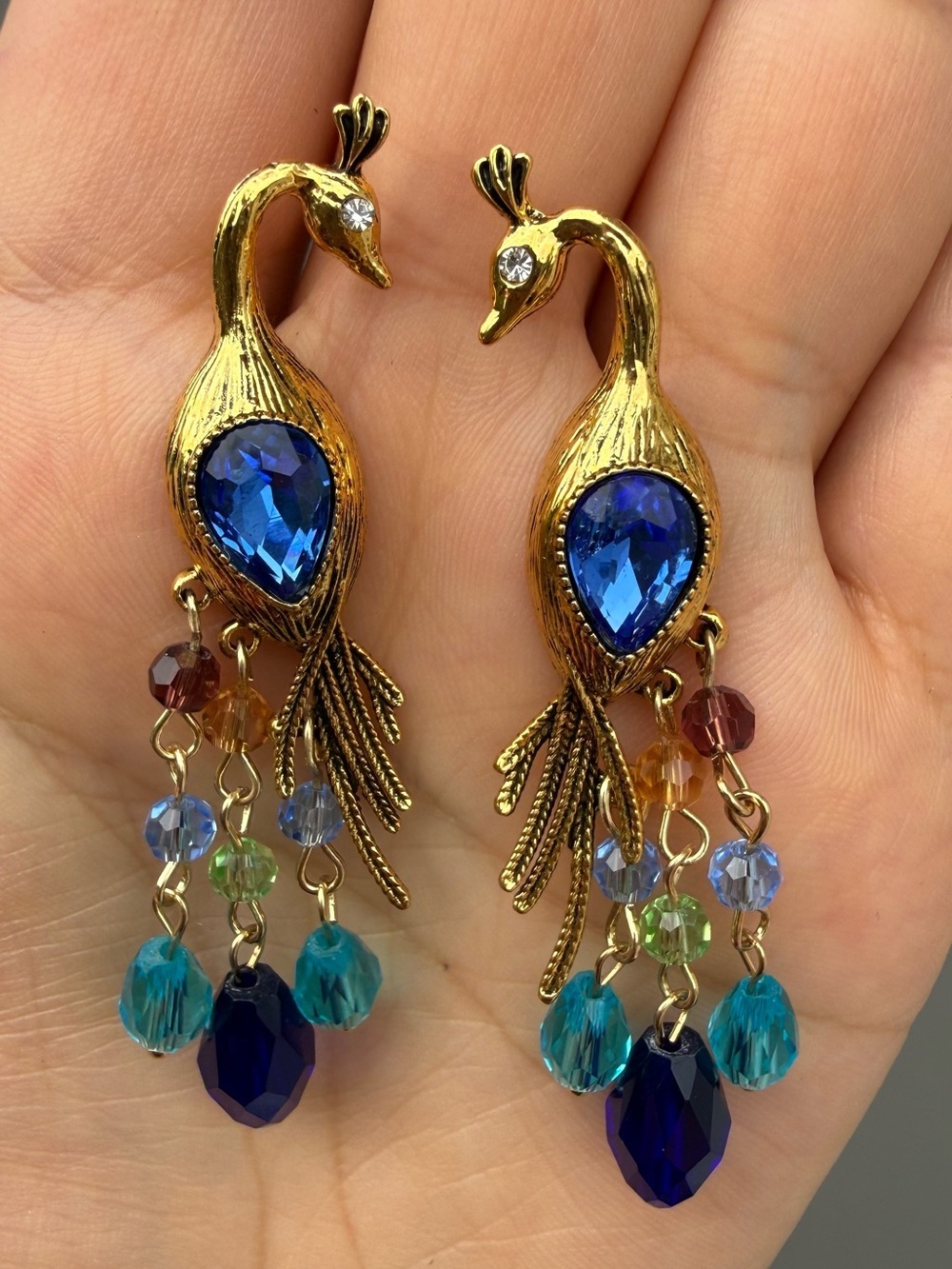 Gold Peacock Earrings with Blue and Teal Gems - Picture 3 of 7